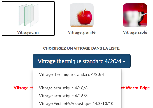 Liste de tous les vitrages disponibles pour la porte-fenêtre deux vantaux en pvc sur mesure