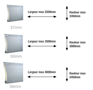 Limites en largeur et hauteur des lames de 37mm, 50mm et 56mm sur les volets roulants sans coffre