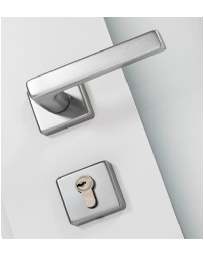 Porte entrée Hematite en acier sur mesure, <b>Poignée Quartz avec rosace</b><br/> inox brossé