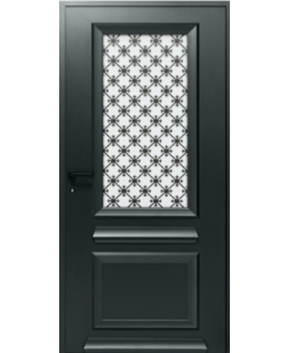 Porte entrée CRISTAL en aluminium sur mesure, Modèle avec  vitrage haut et grille sérigraphiée
